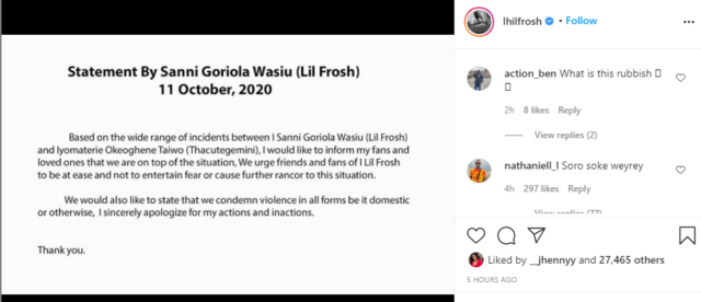 Lil Frosh Tenders Public Apology after Battering His Ex-Girlfriend