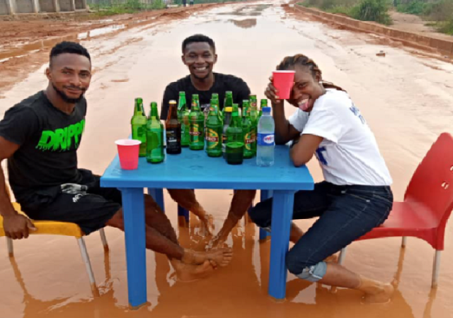 Friends Party on a Bad Road in Owerri to Draw Attention to the State of the Road