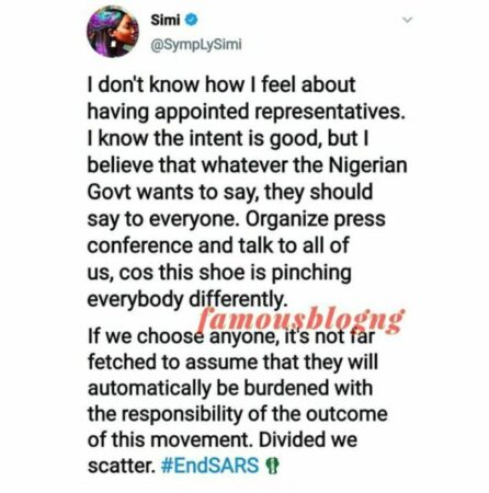 Simi Kicks against the Appointment of ENDSARS Representatives Tells Government to Do