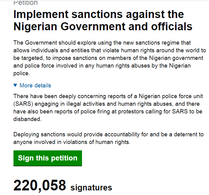 #EndSARS Protest: UK Parliament to Debate Sanctions against Nigerian Government