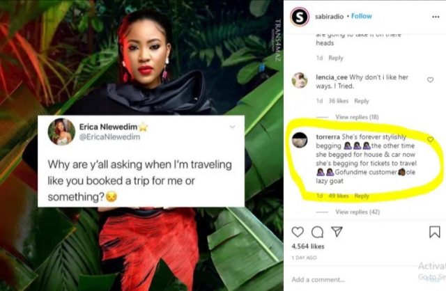 “Gofundme Customer” – Angry Fans Troll Bbnaija’s Erica for Stylishly Begging for Paid Trip