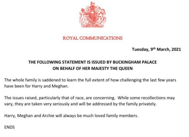 Meghan Markel’s Racism Allegation:  Buckingham Palace Reacts, Issues a Strong Statement