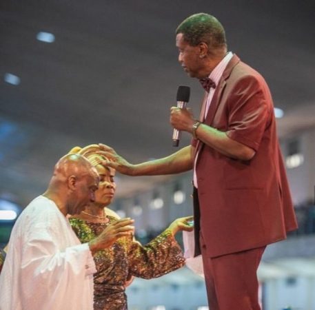 David Oyedepo and His Wife Kneel down as Pastor Adeboye Prays for Them [photos]