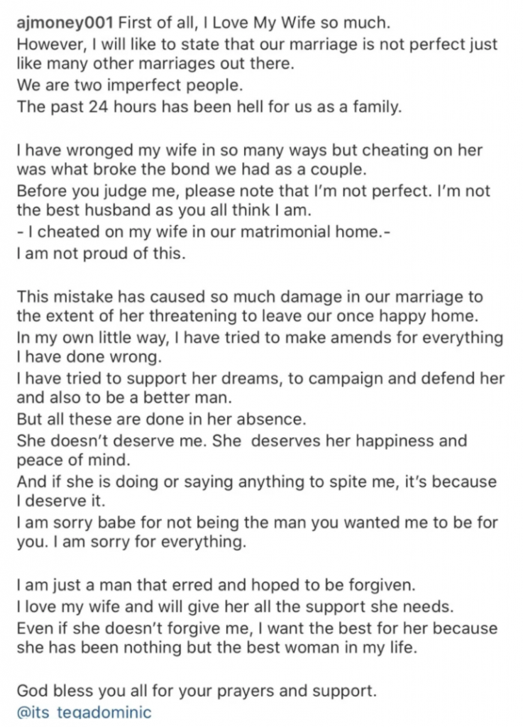 #BBNaija: “Whatever My Wife Did to Get Back at Me, I Deserve It” – Tega’s Husband