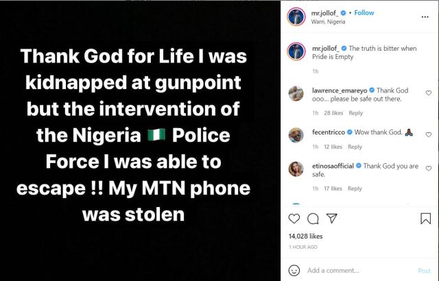 Comic actor, Mr. Jollof rescued after being kidnapped at gunpoint