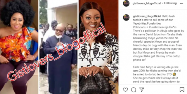 Sugar babies: Destiny Etiko, Moyo Lawal and Jackie Appiah in allege Romance Scandal with Taraba politician, David Sabo