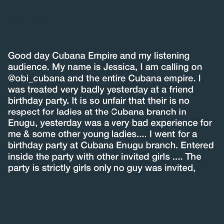Lady Calls Out Obi Cubana after Allegedly Getting Abused At His Club in Enugu [Details]