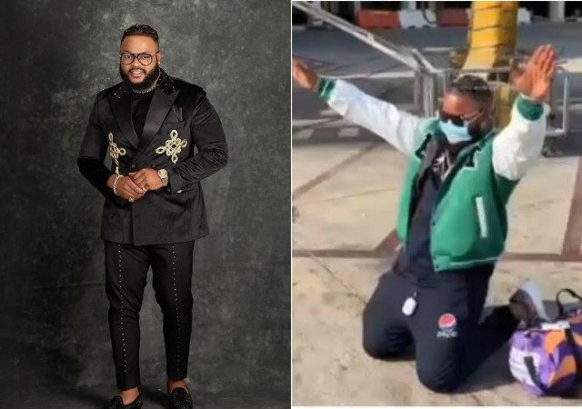 ‘Man with a Grateful Heart’ Reaction as Whitemoney Knees to Thank God for His First-Ever Trip outside Nigeria