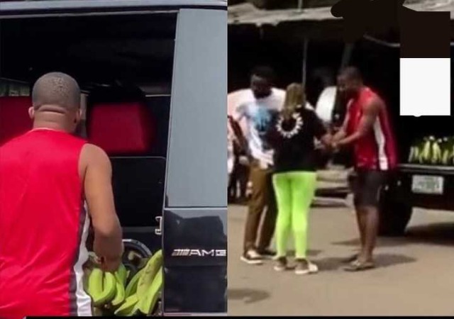 “I No Go Buy, Its Looks Like Ritual Plantain”– Reactions As Man Uses A G-Wagon To Sell Plantain [VIDEO]