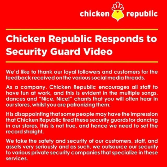 The Dancing Security Guards: “We Didn’t Sack Them” – Chicken Republic Issues Statement