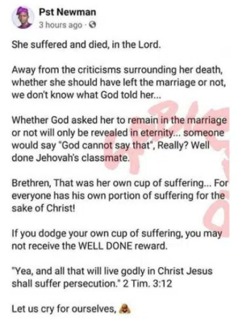 “Osinachi Nwachukwu Suffered and Died In the Lord Because God Asked Osinachi Her to Remain In the Marriage” – Pastor Drops His Opinion on Death of Singer