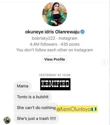 Good Samaritan Bobrisky reaches out to Kemi Olunloyo, gives full support amidst saga with Tonto Dikeh