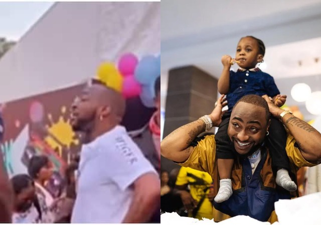 "Papa wen born am dey stay one place?" -Davido pants heavily as he struggles to hold an energetic Ifeanyi in one place at a party [Video]