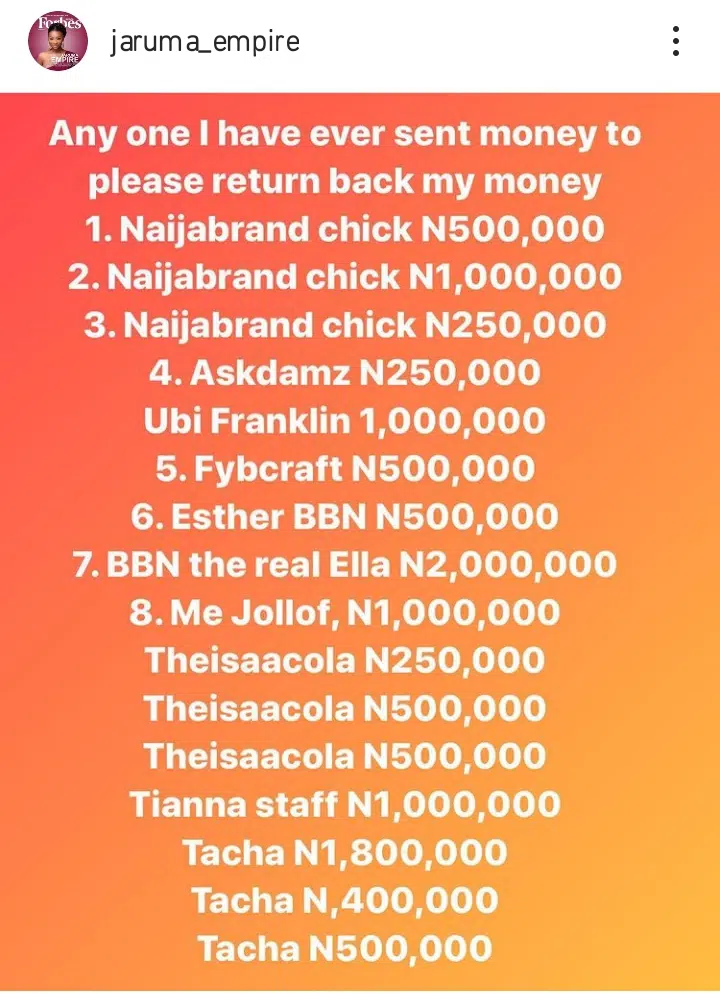 “Return my money” Jaruma calls out BBNaija’s Tacha, Ubi Franklin, Ella, others