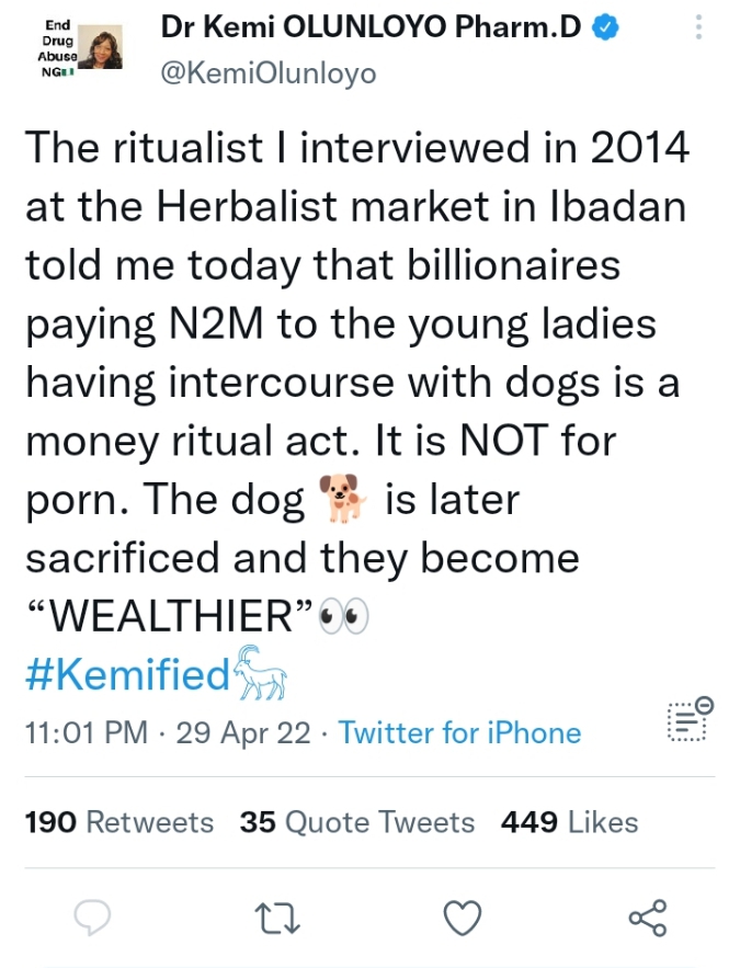 What a Ritualist Told Me about Some Billionaires Paying N2m to Ladies to Sleep With Dogs – Kemi Olunloyo
