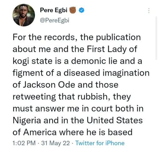BBNaija’s Pere Egbi React over His Alleged Relationship with Kogi First Lady, Reveals Next Action