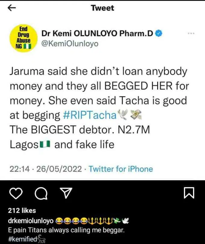 You Need To Hear Shameful Things Jaruma Said About Tacha – Kemi Olunloyo Reveals, Mocks Reality Star