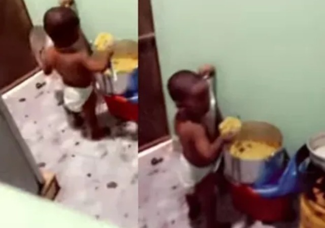 Toddler in diapers forms victim, bursts into tears after he was caught stealing food from pot 