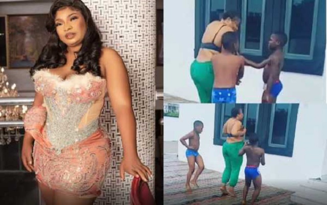 “Na Cheap Olosho” – Actress Laide Bakare Ridiculed As She Strips To Her Underwear for A Fun Time With Her Sons [Video]