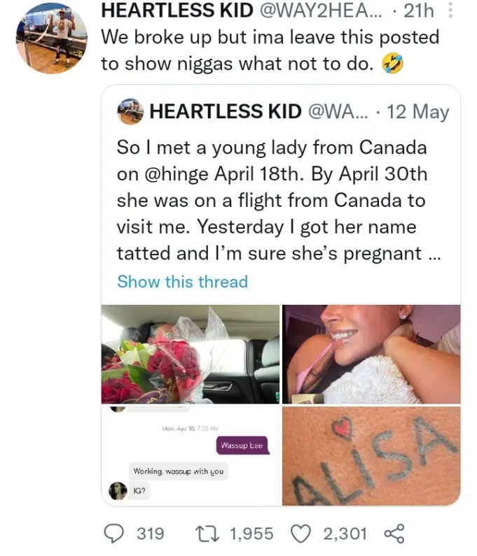 “The Breakfast must go round” – Man gets dumped one month after tattooing girlfriend’s name on his arm