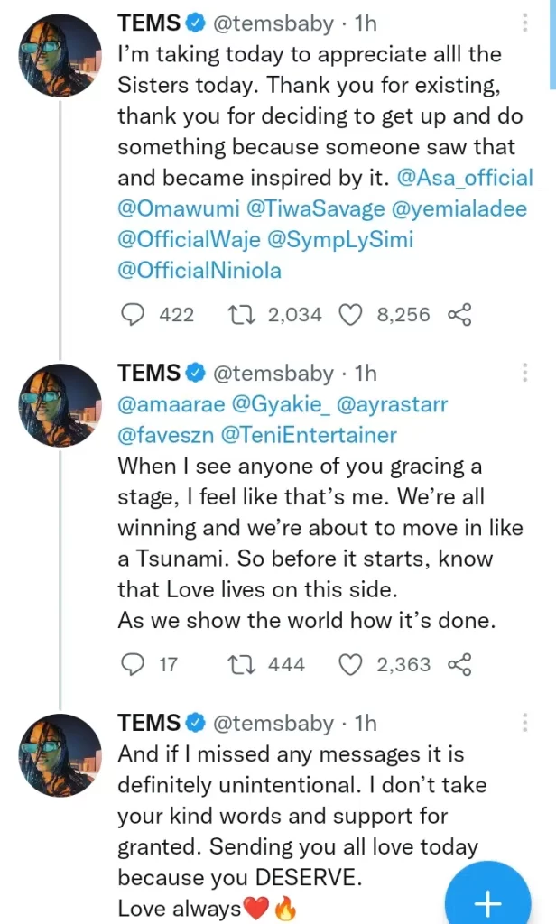 Tems Reveals How Tiwa Savage, Yemi Alade and Others Inspired Her, Pens Touching MessageTems Reveals How Tiwa Savage, Yemi Alade and Others Inspired Her, Pens Touching Message