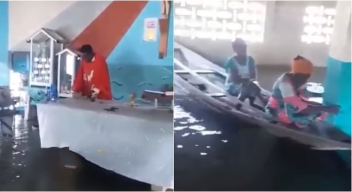 Catholic Church Parishioners Uses Canoes To Attend Mass in Flooded Church