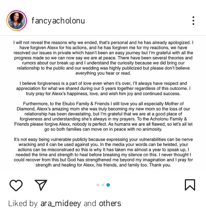 Fancy Acholonu sheds more light on her break up with Alex Ekubo, reveals how she was betrayed by him in private