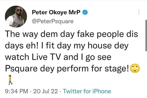 “I fit dey my house one day, see Psquare dey perform for stage” – Peter Okoye reacts to the allege fake bishops saga