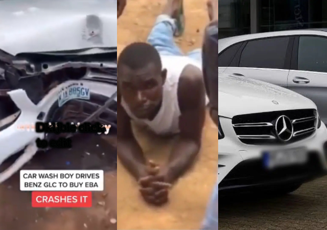 "This is the real 'is it for eba'”- Reactions as Carwash staff crashes customer’s Benz GLC on his way to buy eba [Video]