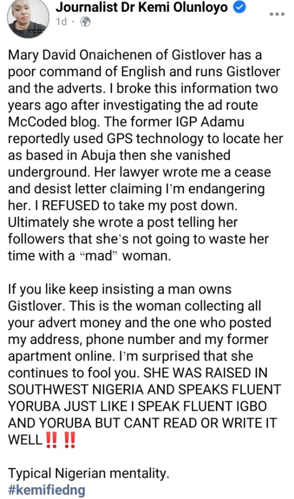 Kemi Olunloyo revisits old beef, reveals alleged name and face of controversial Blogger Gistlover