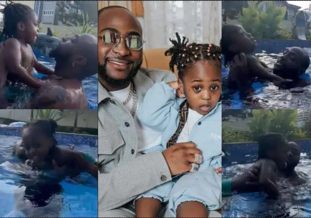 Adorable video of Davido bonding with his son Ifeanyi as he teaches him how to swim