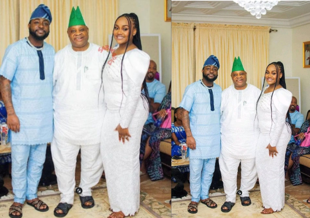 Chioma and Davido Spotted Together for the First Time since Their son’s demise
After much anticipation, Chioma has been spotted for the first time since her son’s demise, with Davido and his father, at Sen. Ademola’s inauguration.
His uncle, Senator Ademola was inaugurated as the Governor of Osun State today.
Chioma was spotted with a smile, as she stood in between father and son.
This is coming after Davido’s father queried him over Chioma’s absence as the family take photo.
