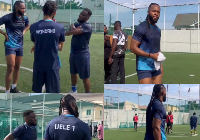 “See as Flavour pull up ehm short” – Reactions as Flavour, Phyno, Okocha link up for football game [Video]