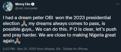 I saw peter obi in my dream as the winner of 2023 presidential election – BBNaija’s Mercy Eke reveals