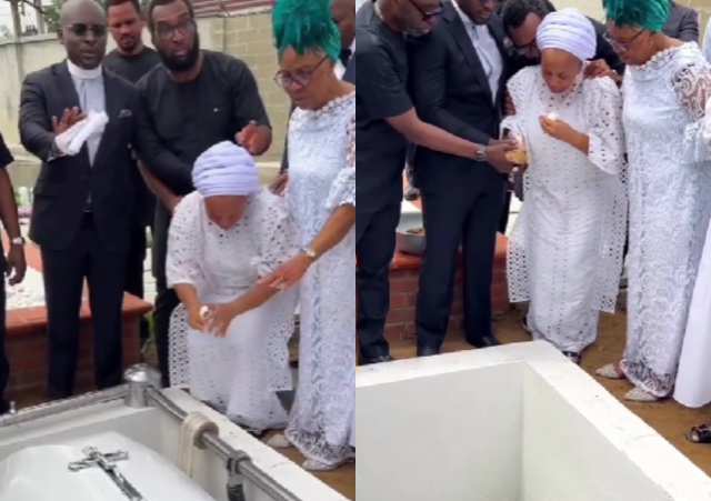 Sammie Okposo's Wife Ozioma Weeps Endlessly and Inconsolable As She Pours Sand into His Grave at His Funeral 