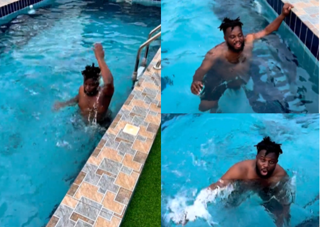 Investor money is sweet – netizens reacts after Sabinus was spotted swimming in his personal swimming pool