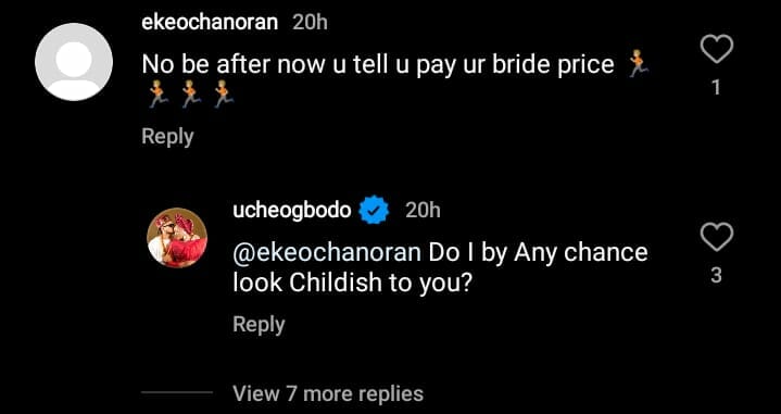 “No come tell us say you pay ur bride price” – Netizen to Uche Ogbodo as she gushes over husband, she reacts

Nollywood actress, Uche Ogbodo has responded to a netizen who warned her about broke-shaming her husband, Bobby Maris peradventure things turn sour.

Evidently, amid Tonto Dikeh’s media bout with her ex-husband, Olakunle Churchill, the controversial actress claimed to have paid for her wedding while going the extra mile to prove that her estranged hubby is broke and financially incapable.

Uche Ogbodo on her part recently took to social media to recount how she first met her husband in 2011 but left him to make the ‘biggest mistake of her life’ in 2013.

According to her, Bobby Maris came back in 2018 and here they are living as a happy couple.

She wrote:

“Our Story , Me and My Soulmate @bobbymaris , ….who would believe that I met my husband first in 2011 , way before I made the biggest mistake of my life that almost destroyed me in 2013 , he came back to me in 2018 and has Healed all my Scars since then ♥️♥️♥️.
You will know when it’s God . You will ! Never give up.”

In reaction, an IG user identified as @ekeochanoran wrote: “No be after now u tell u pay ur bride price 🏃🏼🏃🏼🏃🏼🏃🏼”

Replying, Uche Ogbodo asked the user if she looks childish.

“@ekeochanoran Do I by Any chance look Childish to you?” She wrote.

See below:
