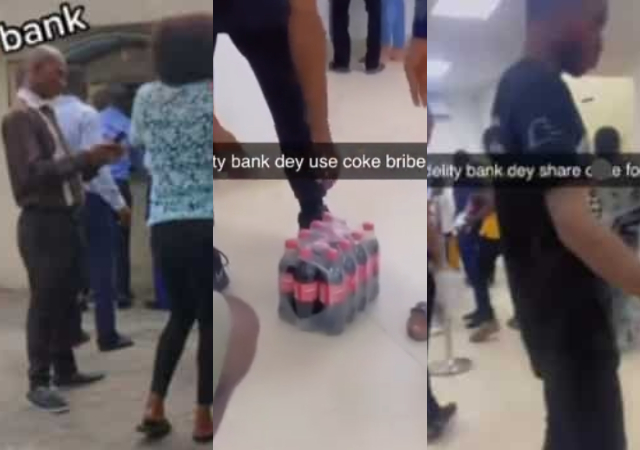 "Them dey fear us"- Nigerian Man Shares Video as Staff Shares Coke to Customers inside Banking Hall