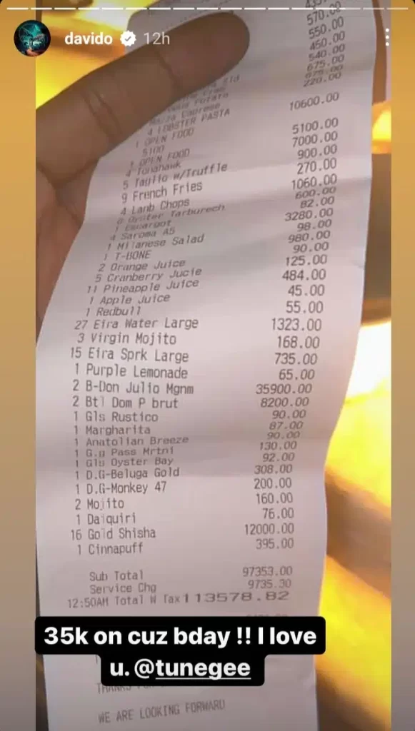 Davido flaunts receipt after spending 35k dollars on cousin Tunji’s birthday [Photo]