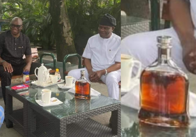 “This is how Gov Wike is starting his Friday” – reactions as Whiskey Of Over N5 Million was Spotted on Wike and Fayose’s Table