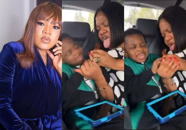“Agbaya, have the fear of God”-Mercy Aigbe, others react as Toyin Abraham and son fight over lollipop [Video]
