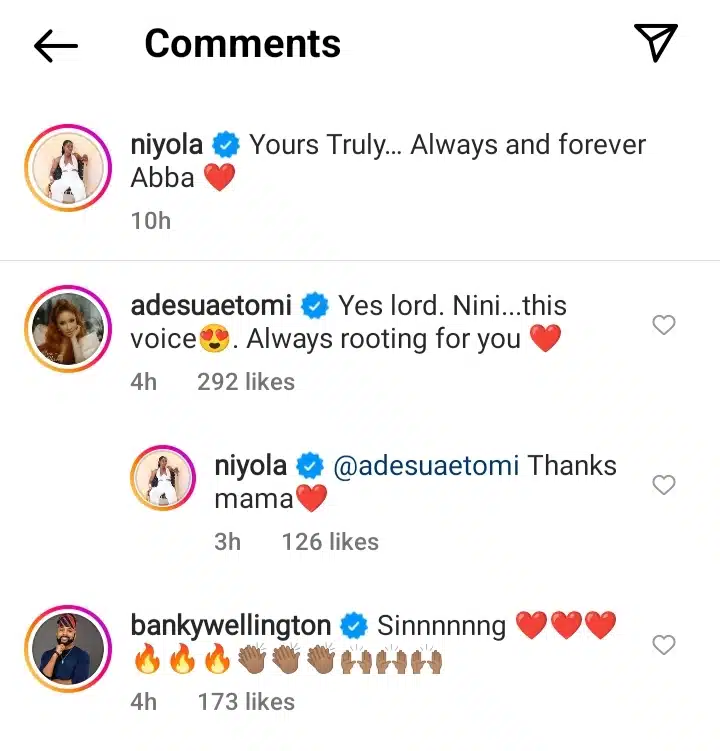 Nigerians reacts as Adesua Etomi drops comment on Niyola’s IG page days after she was accused of having affair with Banky W