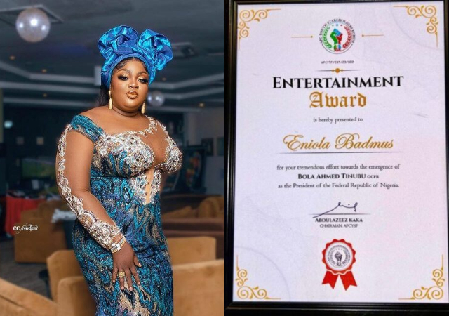 “I dedicate this to the youths who were cursed over their support for Tinubu”- Eniola Badmus declares as she bags award