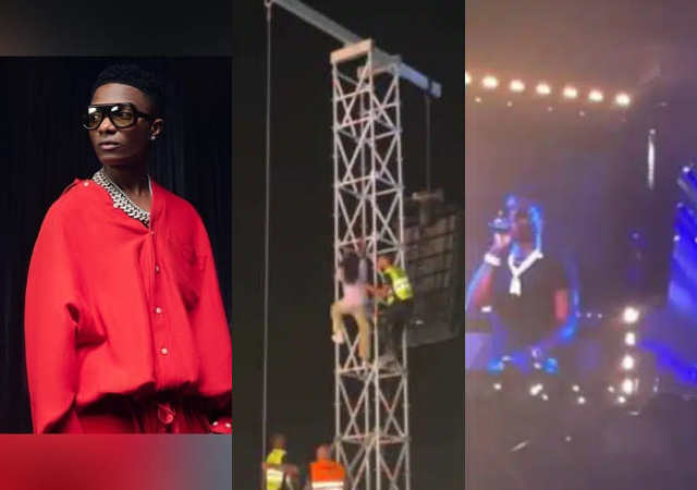 “Don’t kill yourself my man come down” – Wizkid stirs reactions as he show love to fan who climbed mast to witness performance