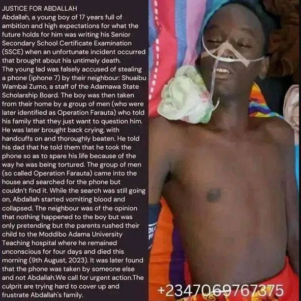 17-year-old boy falsely accused of stealing iPhone 7 allegedlly dies after being tortured by Task Force in Adamawa