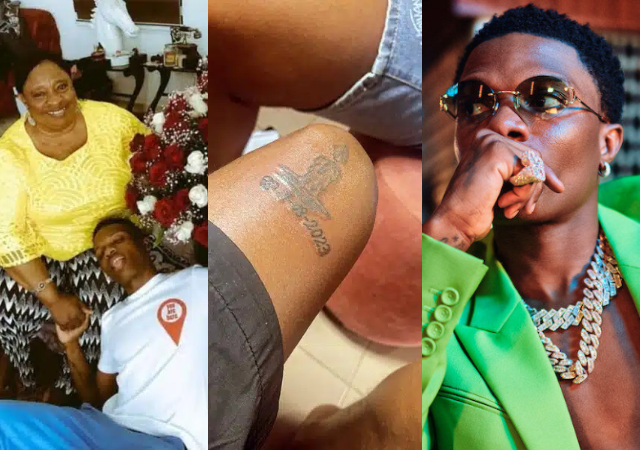 Wizkid’s die hard fan pays tribute to his late mother as he inks a permanent tattoo on his thigh