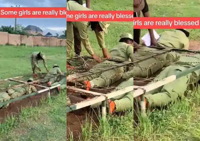 Moment endowed lady corper’s backside gets stuck, causes holdup during Man O’ War drill
