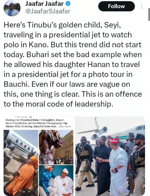 Journalist calls out Seyi Tinubu for flying to Kano with presidential jet to watch Polo