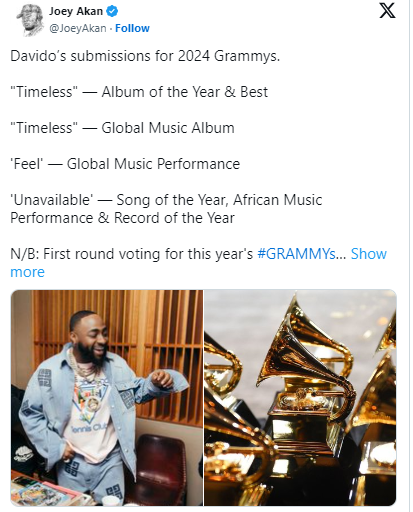 Reactions as Davido submit his name to the Grammys as best new artist