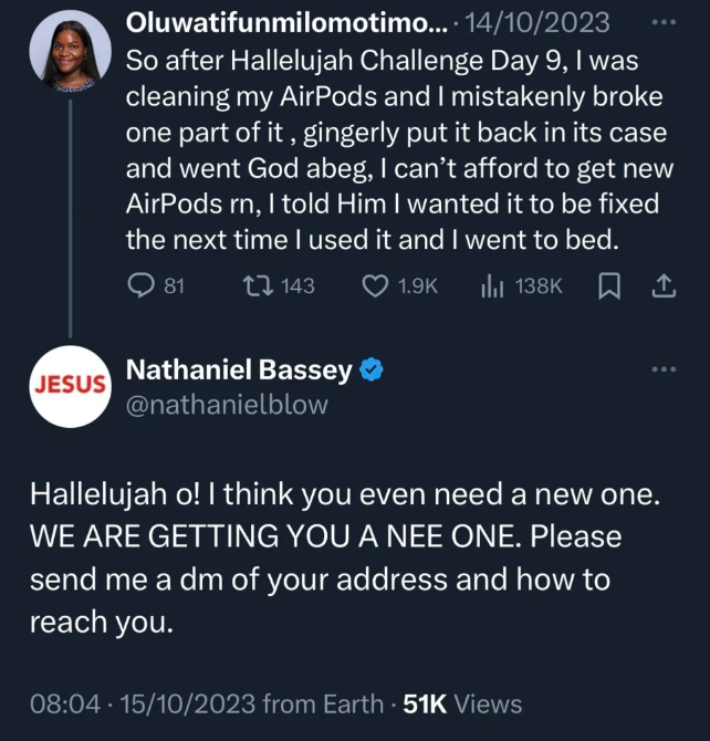 Nathaniel Bassey gifts lady new AirPods after her old one broke during the Hallelujah challenge